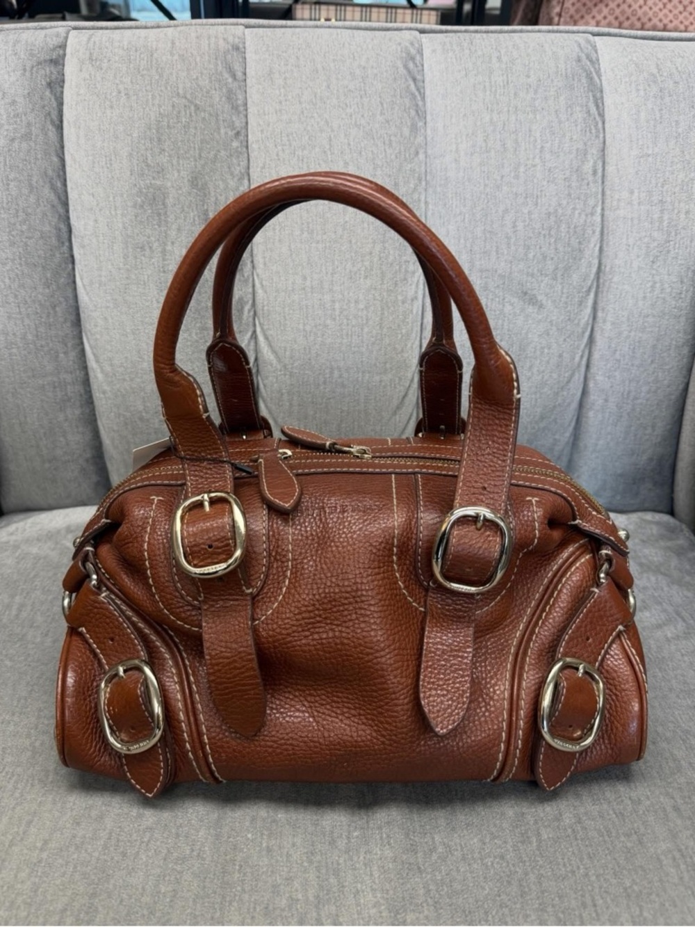 Burberry Brown Pebbled Leather Double-Handle Satchel